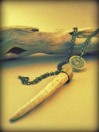 Deer Antler Necklace in Brass-I Ching Coin