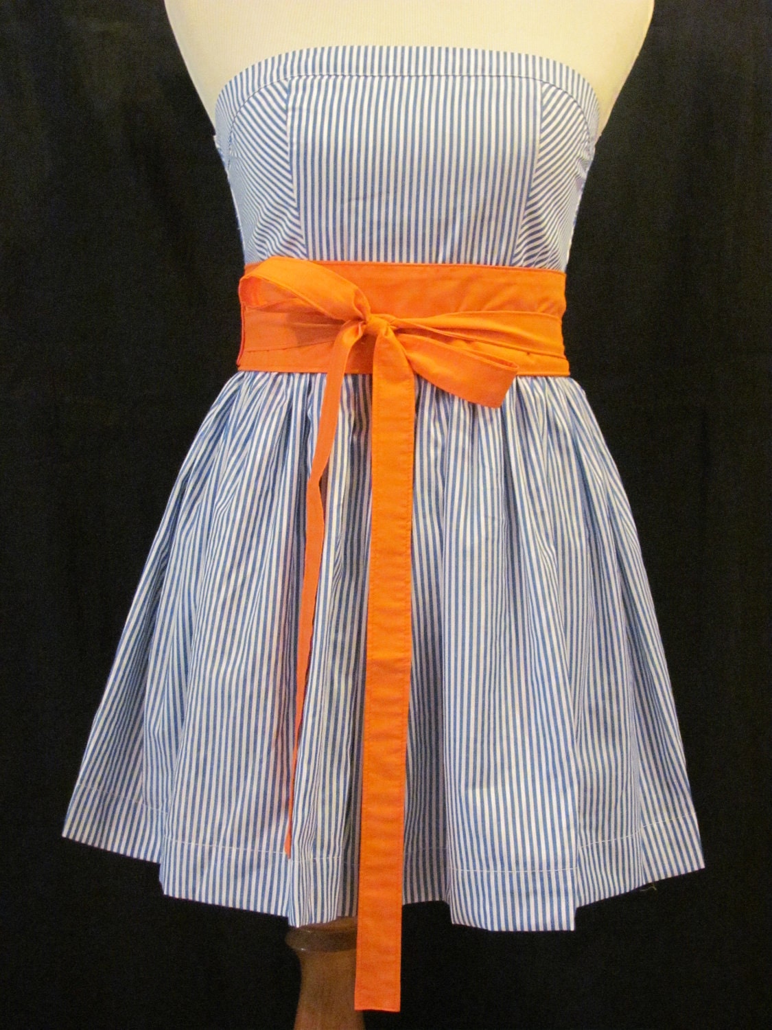 Blue & White Striped Sundress with Orange Wrap Belt
