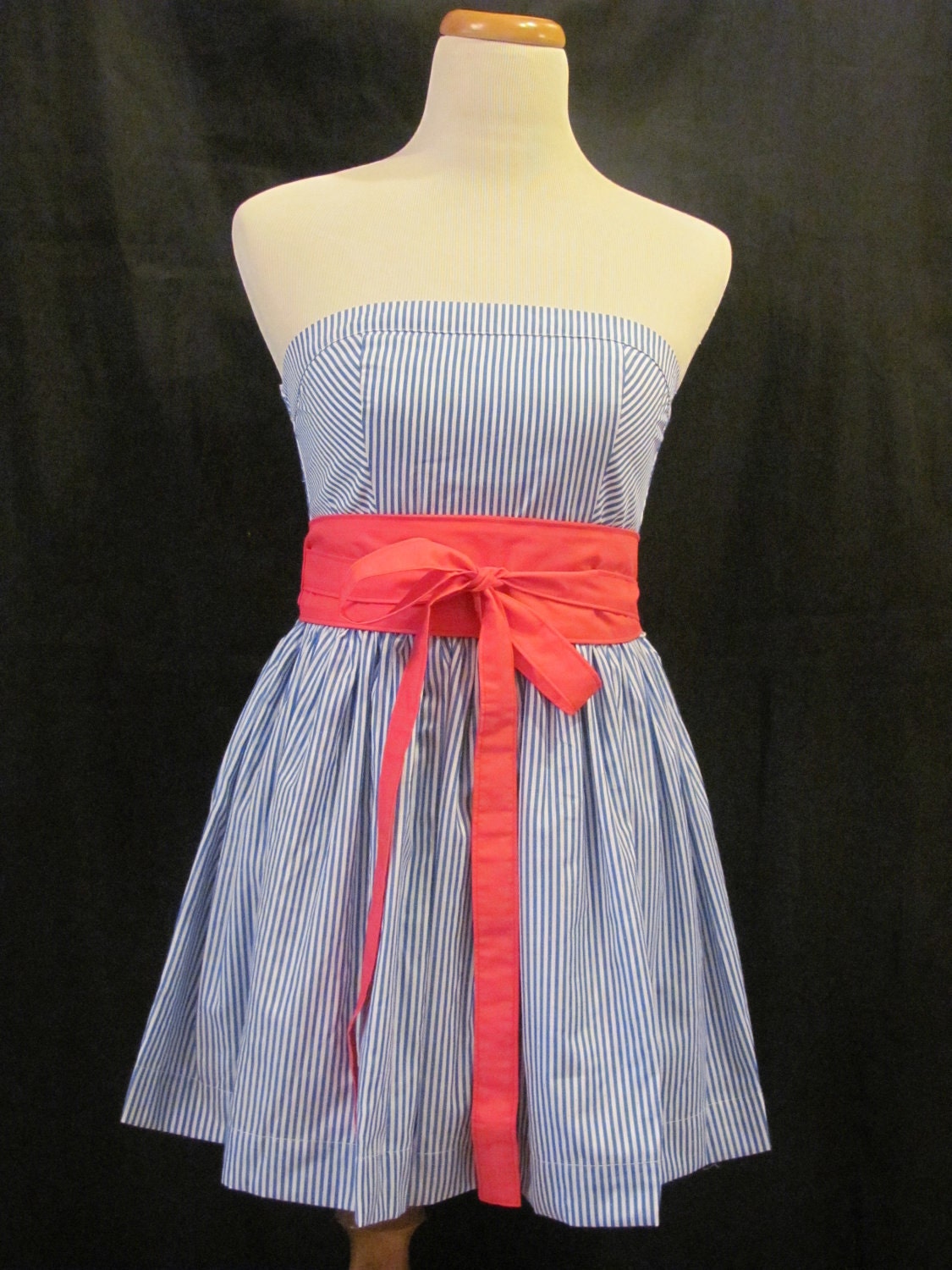 Blue & White Striped Sundress with Pink Wrap Belt