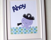 Baby Boy Nursery Decor, Children's Art Decor, Kids Wall Art, Pirate, Little Octopus Pirate, 8x10 Art Print