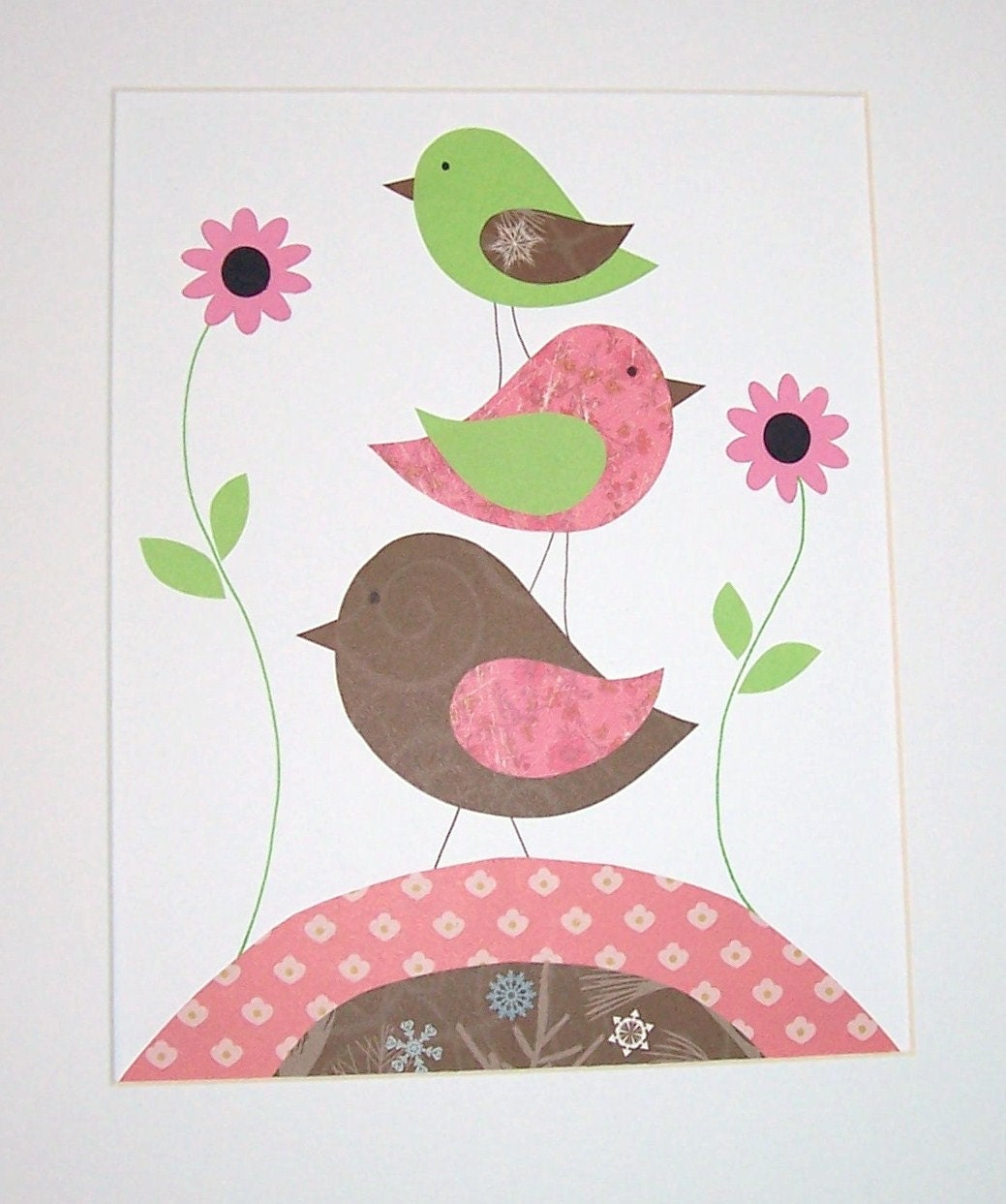 Kids Wall Art, Baby Girl Room Decor, Children's Room Art, Birds, Pink, Green, Brown, One For You and One For Me, 8x10 Print