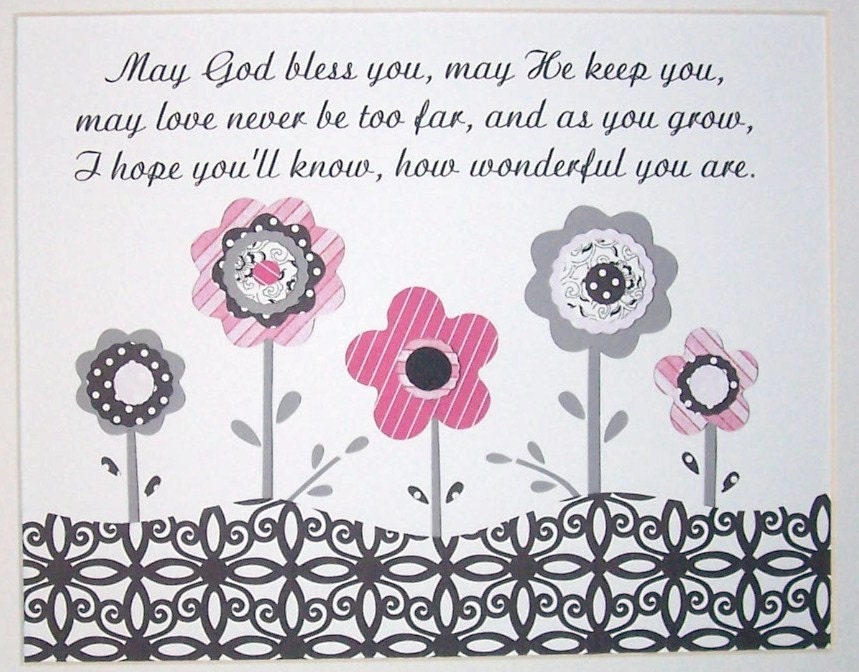 Nursery Art, Baby Girl Room, Children's Art Decor, Kids Wall Art,  Baptism Gift, Pink, Gray, Flowers, May God Bless You, 8x10 Print