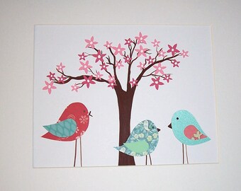 Kids Wall Art, Baby Girl Room Decor, Nursery Art Decor, Children's Decor, Cherry Blossom Tree, Mama and Her Little Ones, Turquoise, Red