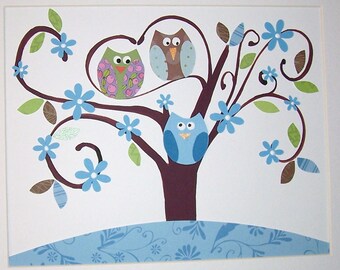 Children's Art Decor, Baby Room Decor,Nursery Decor, Kids Wall Art, Owl, Family, Tree, Blue, Our Happy Place, 8x10 Art Print