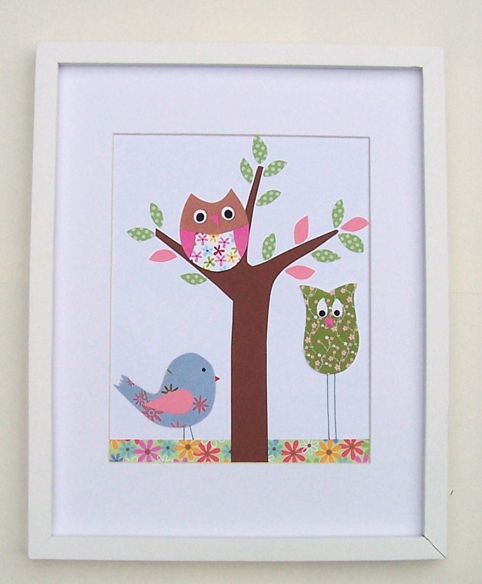Nursery Art Print, Baby Girl Art, Nursery Decor, Kids Wall Art, Owls, Brooke, Best Friends, 8x10 Art Print