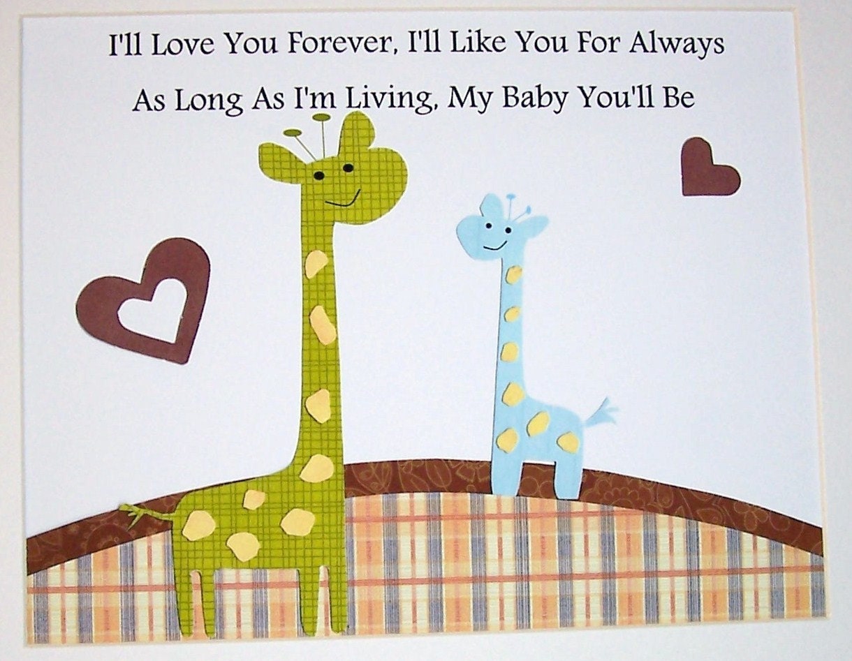 Kids Wall Art, Children Room Decor, Baby Boy Decor, Nursery Art, Giraffe, Quote, I'll Love You Forever, 8x10 Print