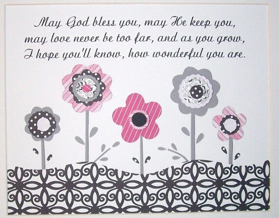 Nursery Art, Baby Girl Room, Children's Art Decor, Kids Wall Art,  Baptism Gift, Pink, Gray, Flowers, May God Bless You, 8x10 Print