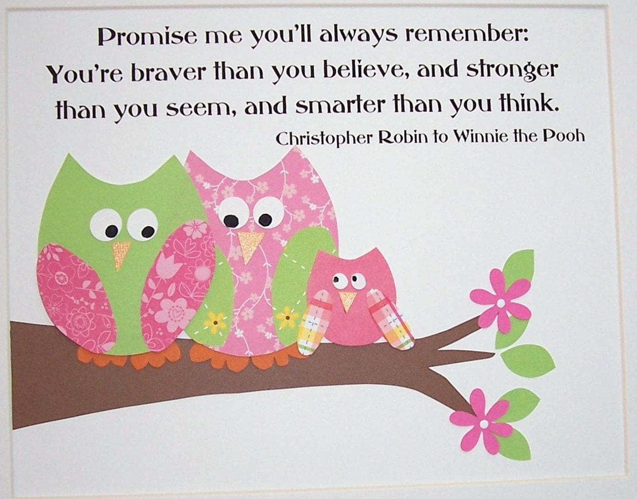 Nursery Art Decor, Baby Room Decor, Kids Wall Art, Owls, Children Art, Verse, Girls, Pink, Promise Me You'll Always Remember, 8x10 Print