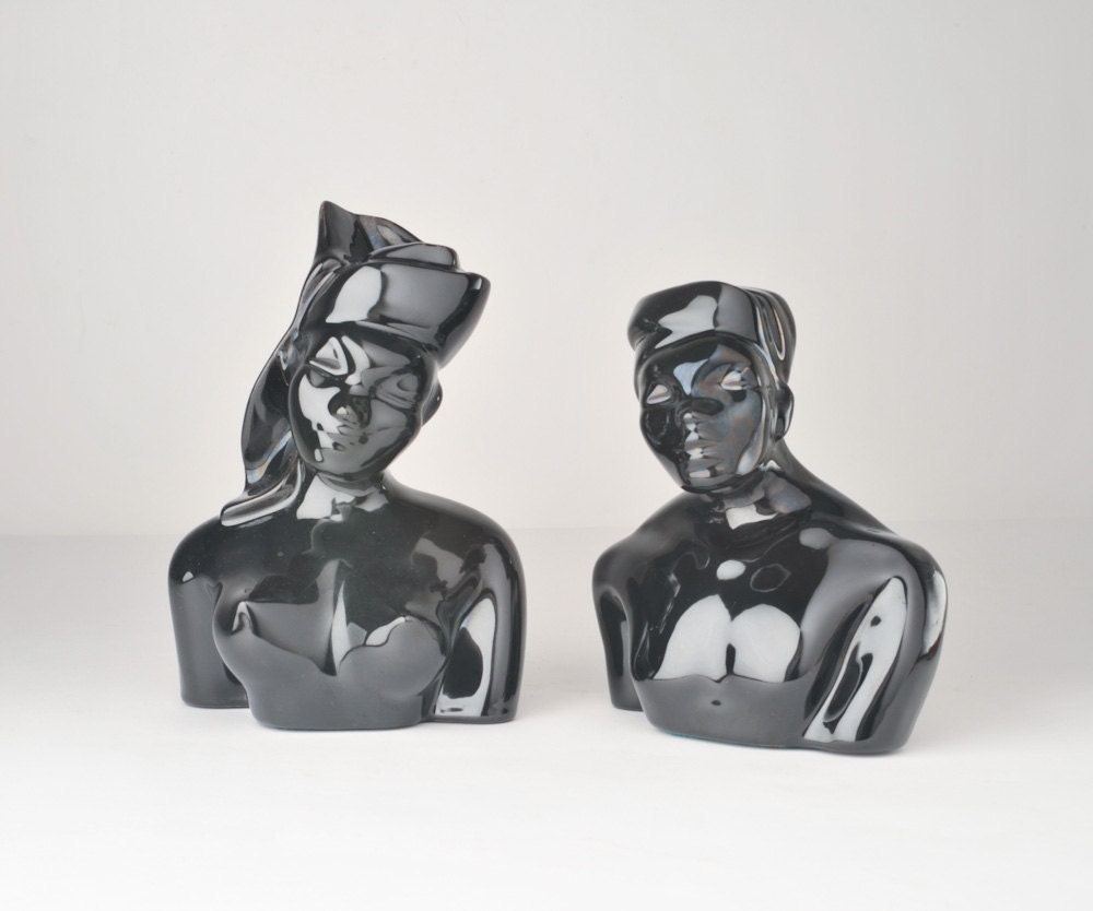 Vintage African Couple - Black Glazed China Figurine Set - Modernist Mid Century
