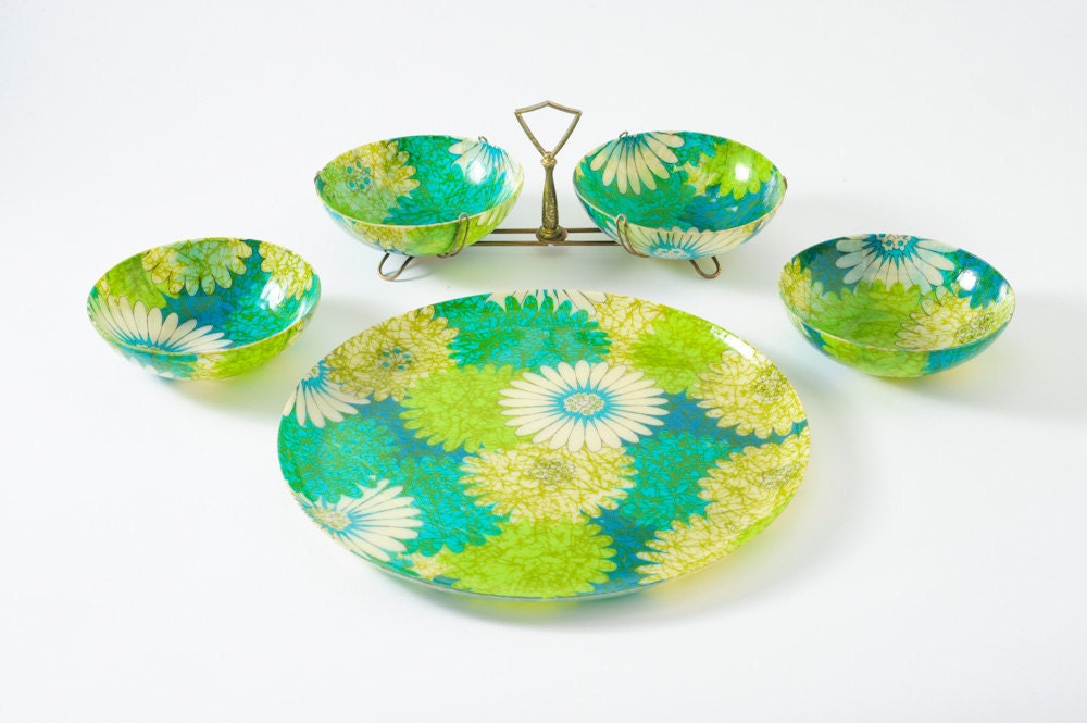 60's MOD Snack Set - Blue Green Floral Bowls & Platter with Holder