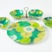 60's MOD Snack Set - Blue Green Floral Bowls & Platter with Holder