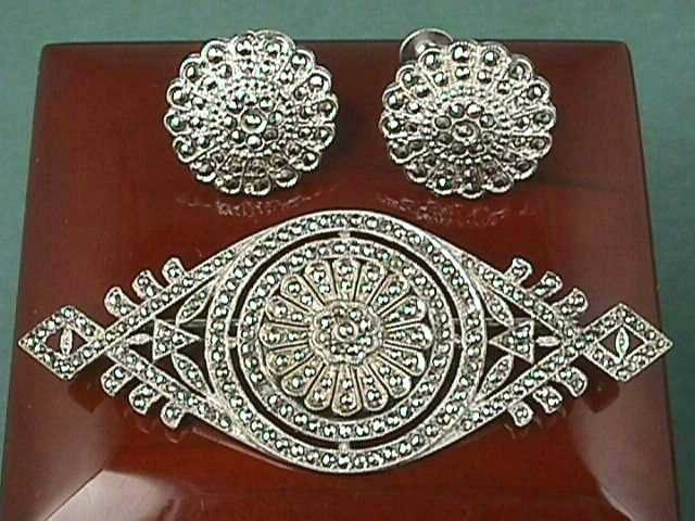 Antique Art Deco Sterling Silver Marcasite Brooch & Earrings Suite, Demi Parure, Circa 1925 - Lovely, Rare, and Mint Condition