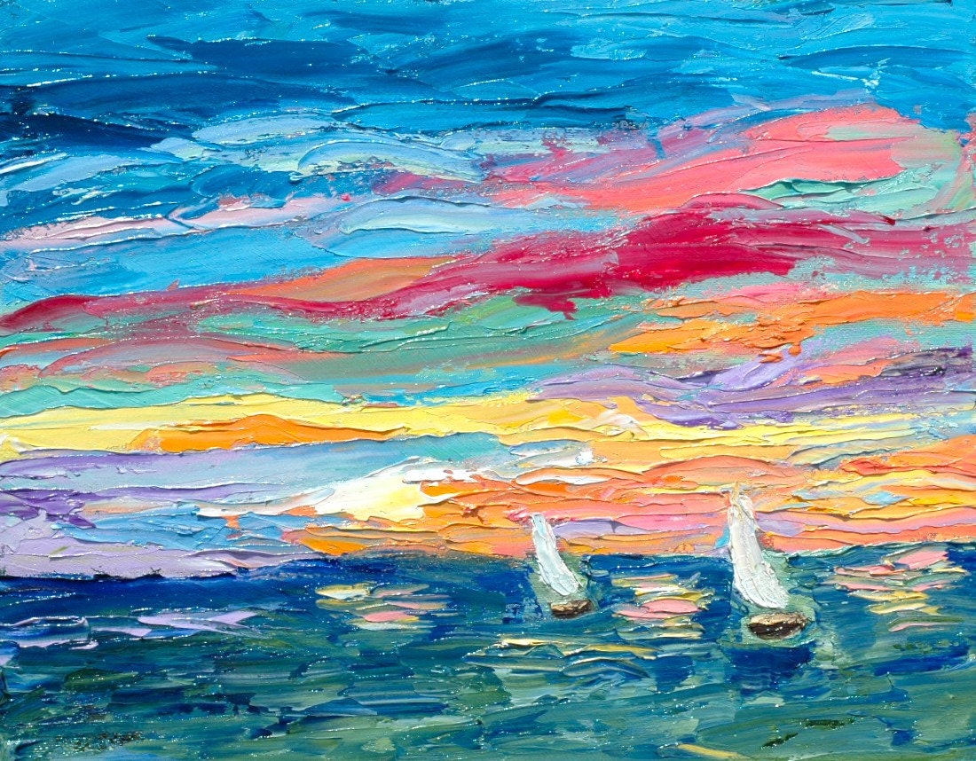Fine Art Original Palette Knife Oil Painting Sunset Sail Boat Race Seascape by Rebecca Croft