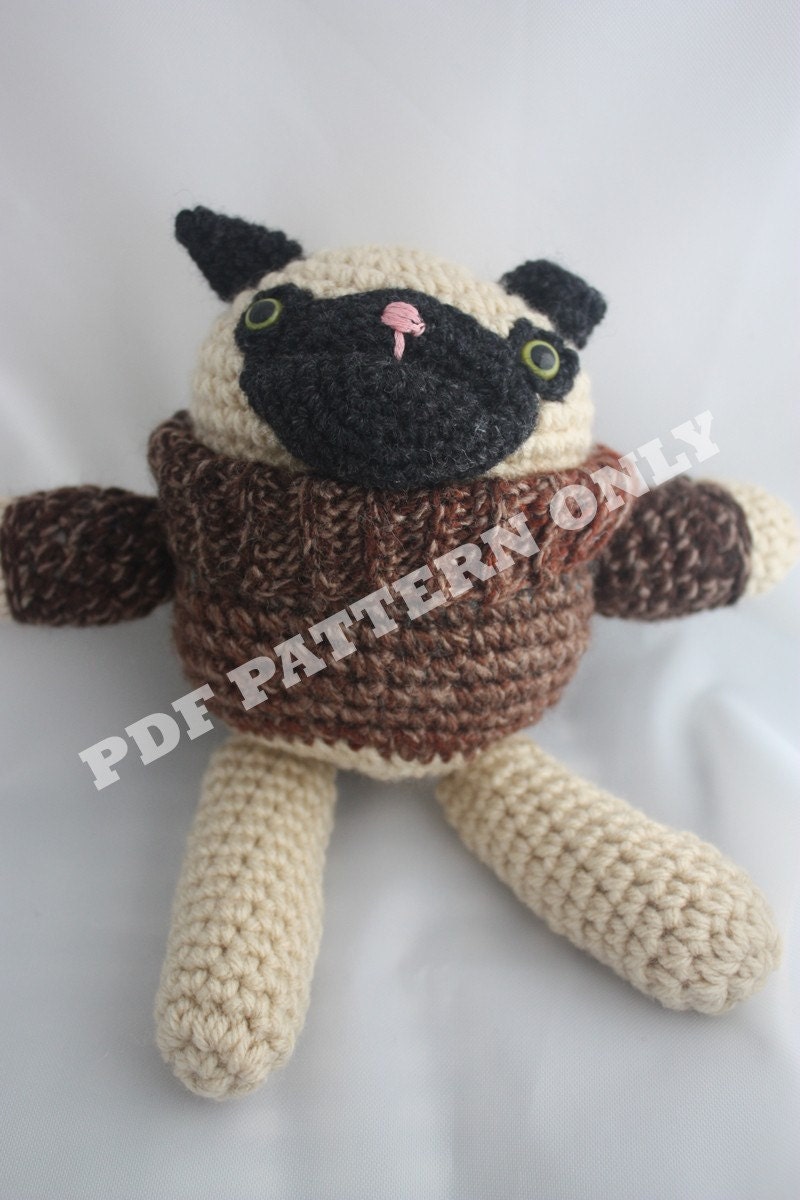 Pug Amigurumi, Dog Amigurumi, Dog Wearing Sweater -- Crochet Pattern PDF