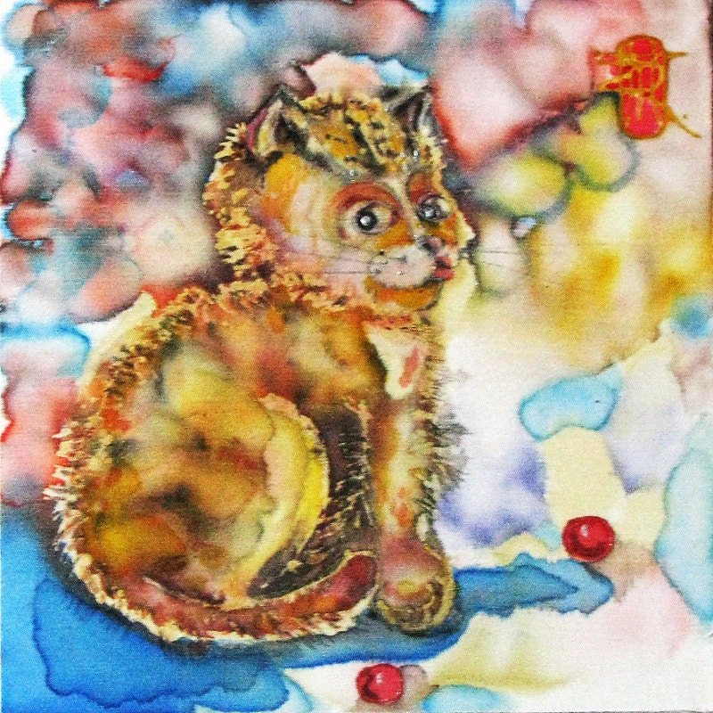 Silk painting Muse Kitty. Original Painting on Silk