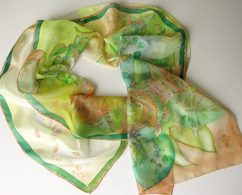 Hand painted silk scarf on ponge silk Green garden 180x45cm