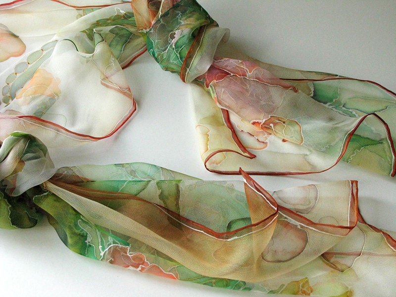 Hand dyed scarf on chiffon silk - hand painted scarves - wearable art painted - vintage roses - 18x72