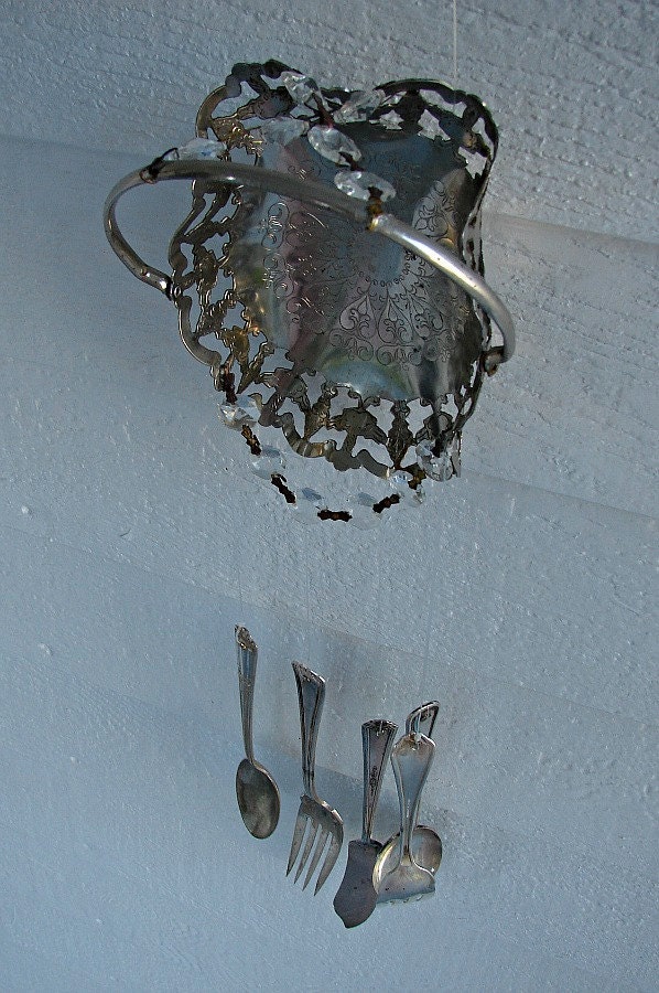 Vintage Silver Candy Dish with Antique Flatware Windchime