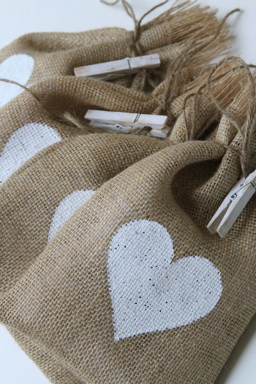 Burlap Gift Bags, White Heart, Shabby Chic Wedding, Valentines Day, White and Natural, Set of Four.