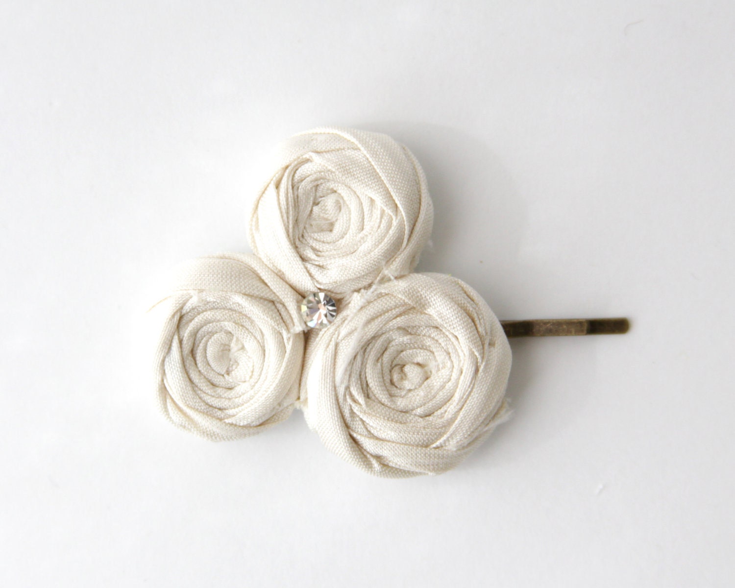 Rosette Bobby Pin Ivory Silk Fabric Flower Rosette Hair Bobby Pin Chic and Ivory Trio Swarovski Crystal Hair Pin Romantic