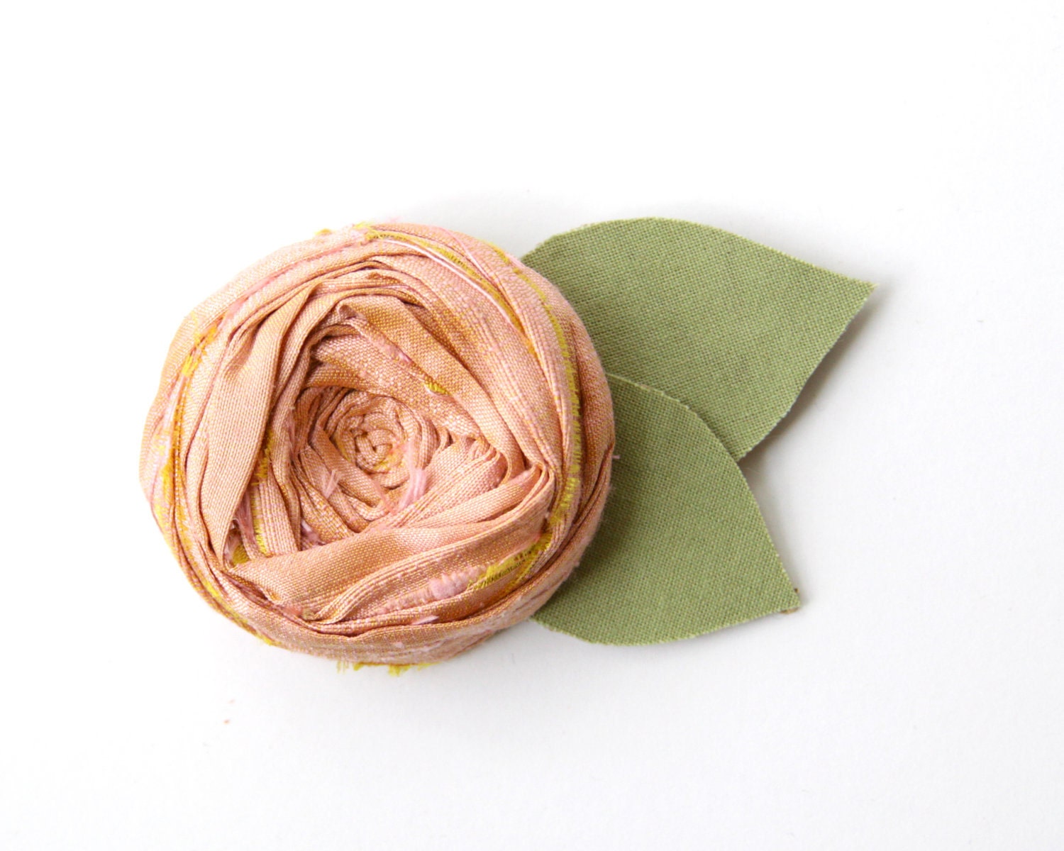 Rosette Brooch Pin Antique Pink Silk Rosette with hand cut Cotton Cottage Green Leaves Flower 2 inch