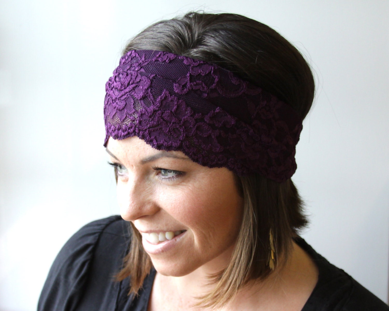 Rosette Stretch Lace Headband Wide Rich Purple Chic Stretch Lace Wide Stretch Lace Headband 6.5 inch Pretty Amethyst Indie Boho