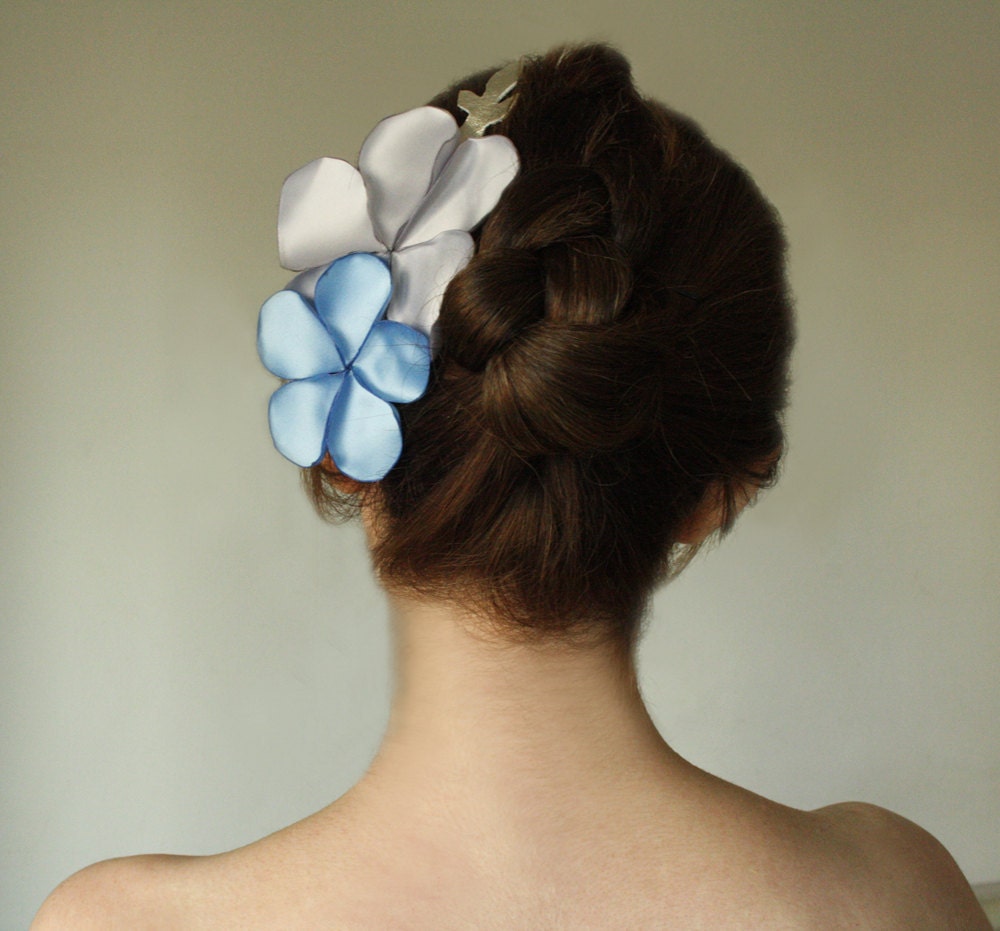 SALE  floral bridal hair comb, silver grey and sky blue satin flowers on an Silver leather branch