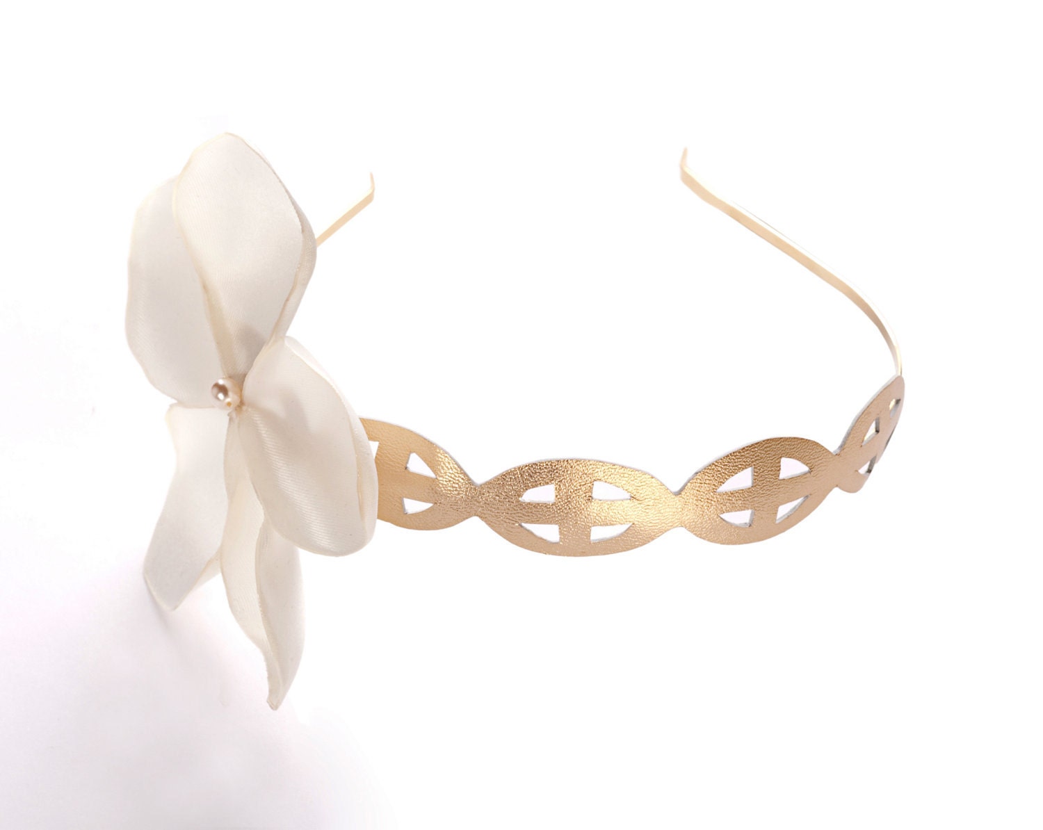 Bridal flower Hair accessory, Vintage Flower Headband,in Ivory and gold leather and satin