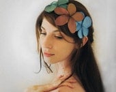 Flowers Hair accessories, headband in Sky blue, Sage green and copper leather, Statement headpiece, Floral vintage Fascinator, for women