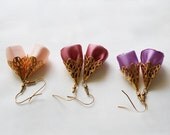 Spring Pastel Earrings - Lilac, pink, rose satin and Gold Arabesque and filigree bell ethnic earrings