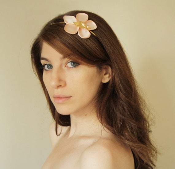 Single flower headband for women, pink flower and gold leave hair accessory, satin flower headpiece for women