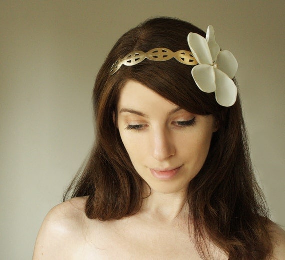 Juliet - Bridal Hair accessory, Vintage Flower Headband,in Ivory and gold leather and satin