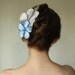 SALE  floral bridal hair comb, silver grey and sky blue satin flowers on an Silver leather branch