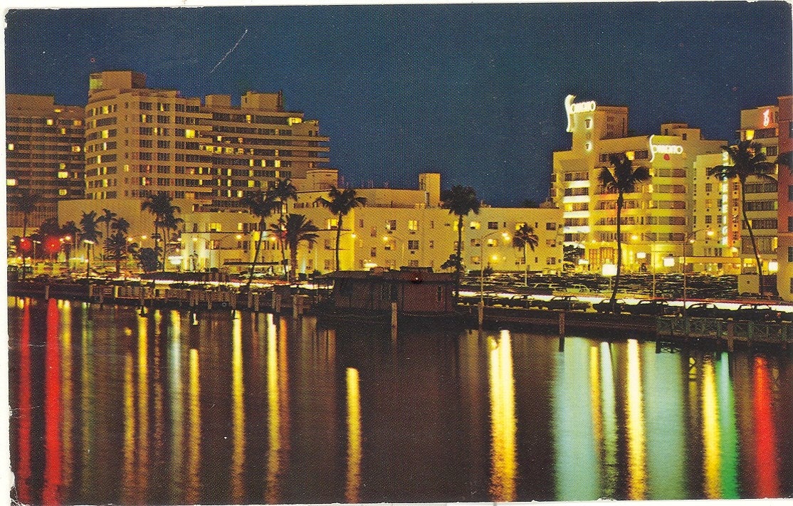 Vintage Florida Postcard - Miami Beach - Night Scene Hotels Indian Creek