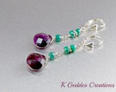 Amethyst Quartz Earrings Emerald Gemstone Sterling Silver Handmade Purple Green Wire Wrapped Dangle Earrings