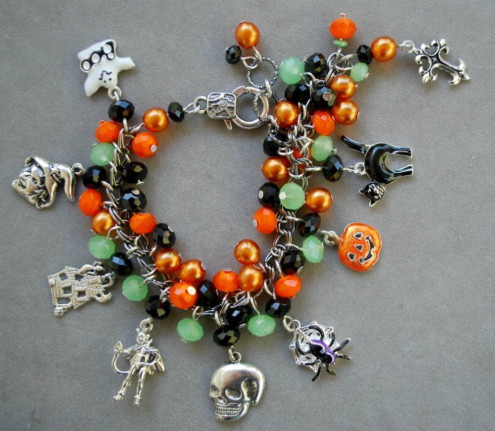 Halloween Charm Bracelet Silver Orange Black Lime Green Crystal Handmade Chunky