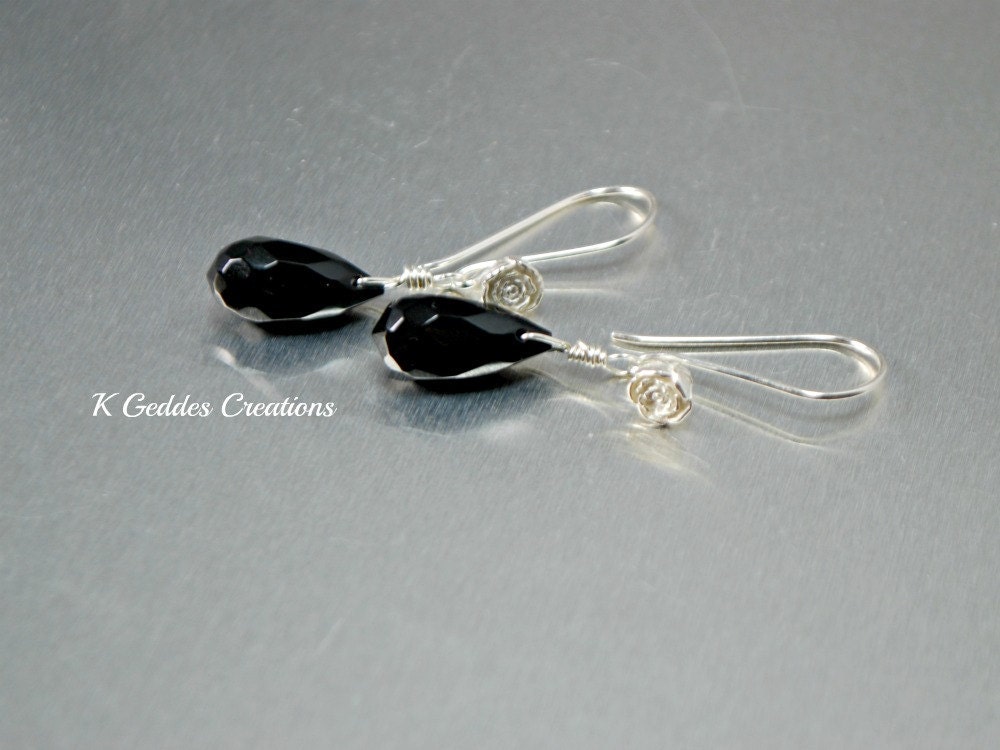Black Onyx Teardrop Earrings Sterling Silver Handmade Rose Flower Earwires Simple Everyday Earrings