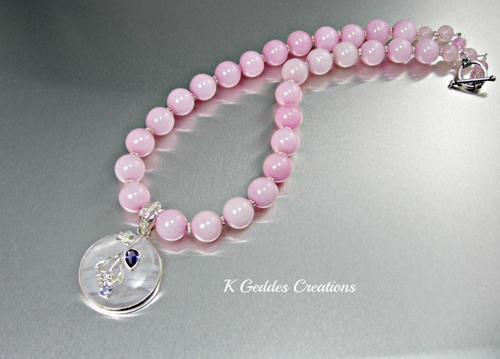 Rose Quartz Pendant Necklace Sterling Silver Handmade Unique Pink Purple Amethyst Beaded Necklace
