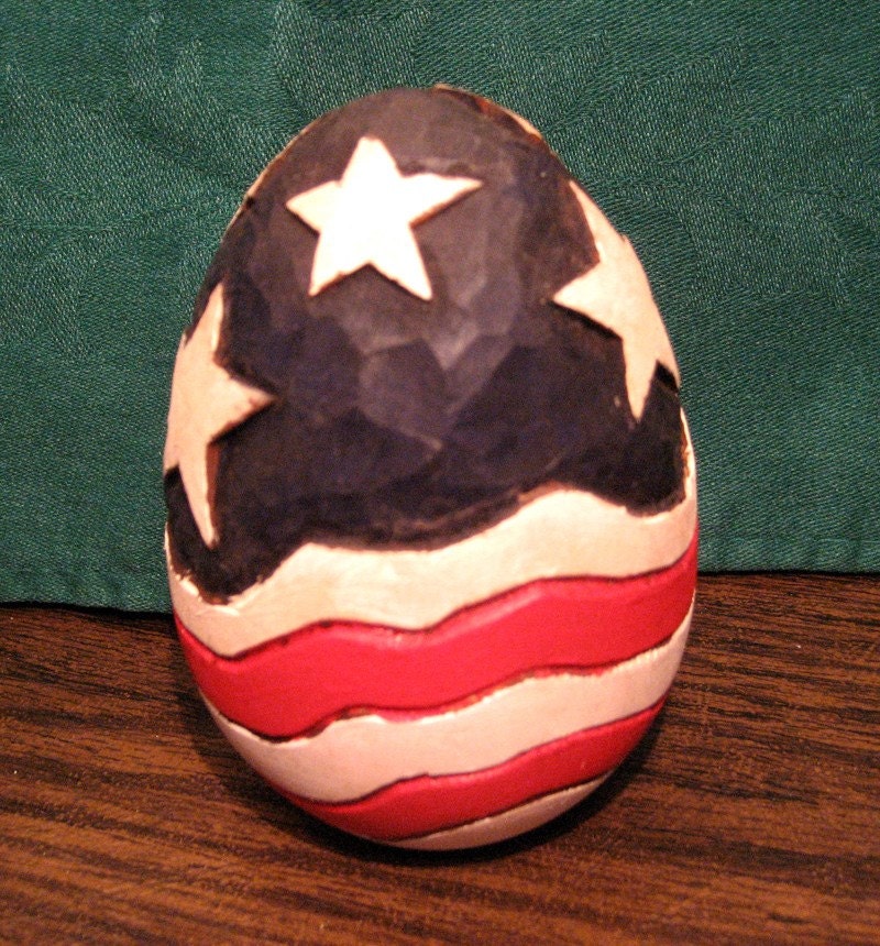 Hand Carved Stars & Stripes Wooden Egg Handmade by RWKWoodcarving