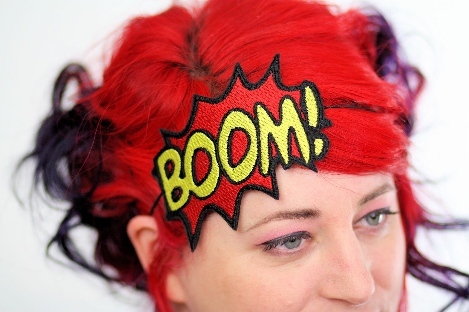 Boom comic headband red and yellow embroidered