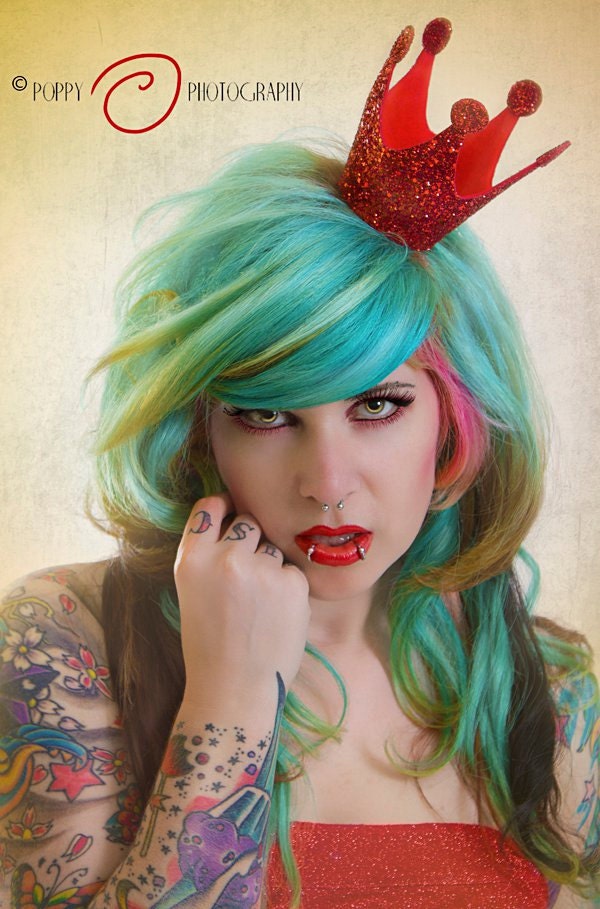 Queen of Hearts Crown Mini, Red Glitter Crown, Burlesque