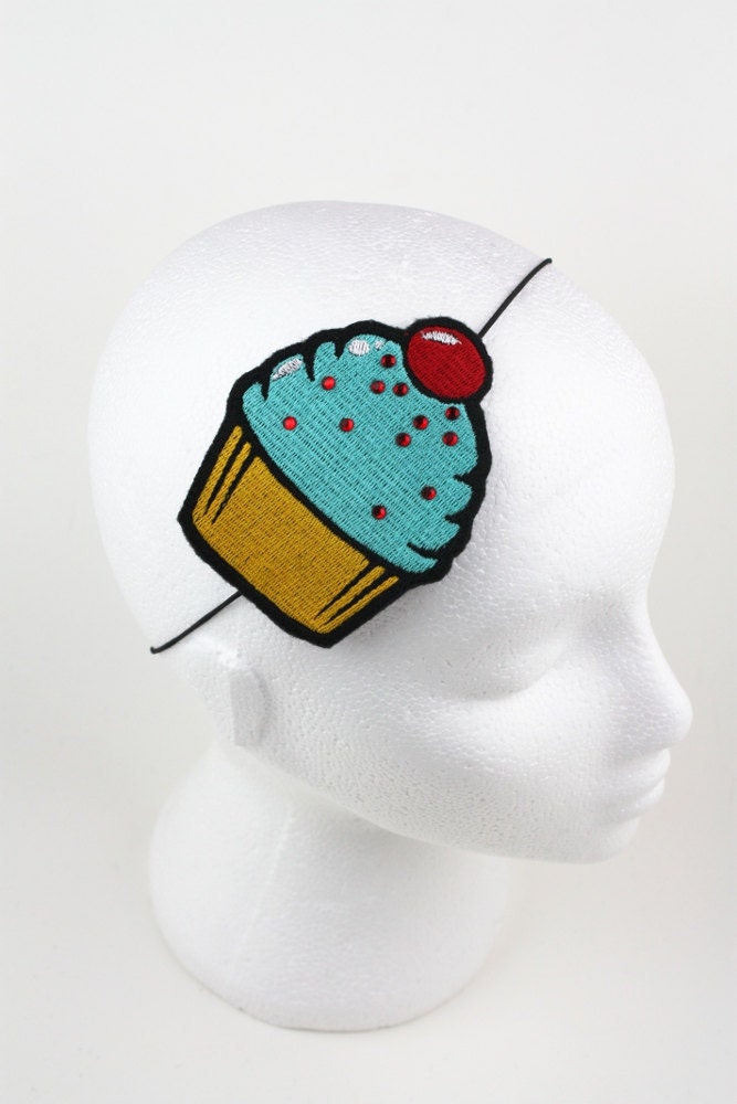 Cupcake Headband, Turquoise, Kawaii Headband, Red rhinestones