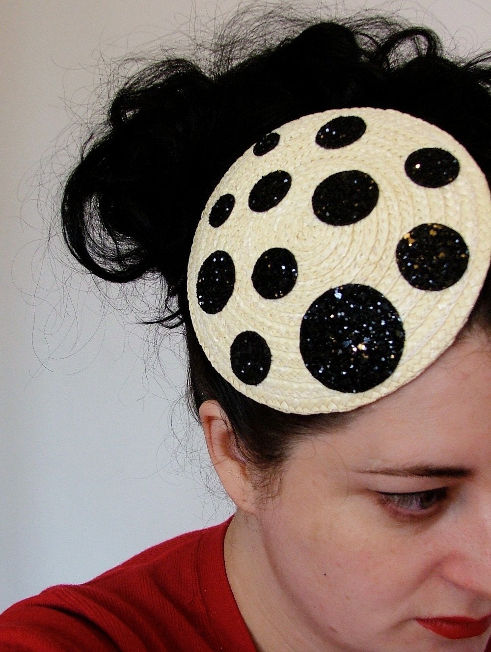 Fascinator Cream with Black Glitter Spots in Straw