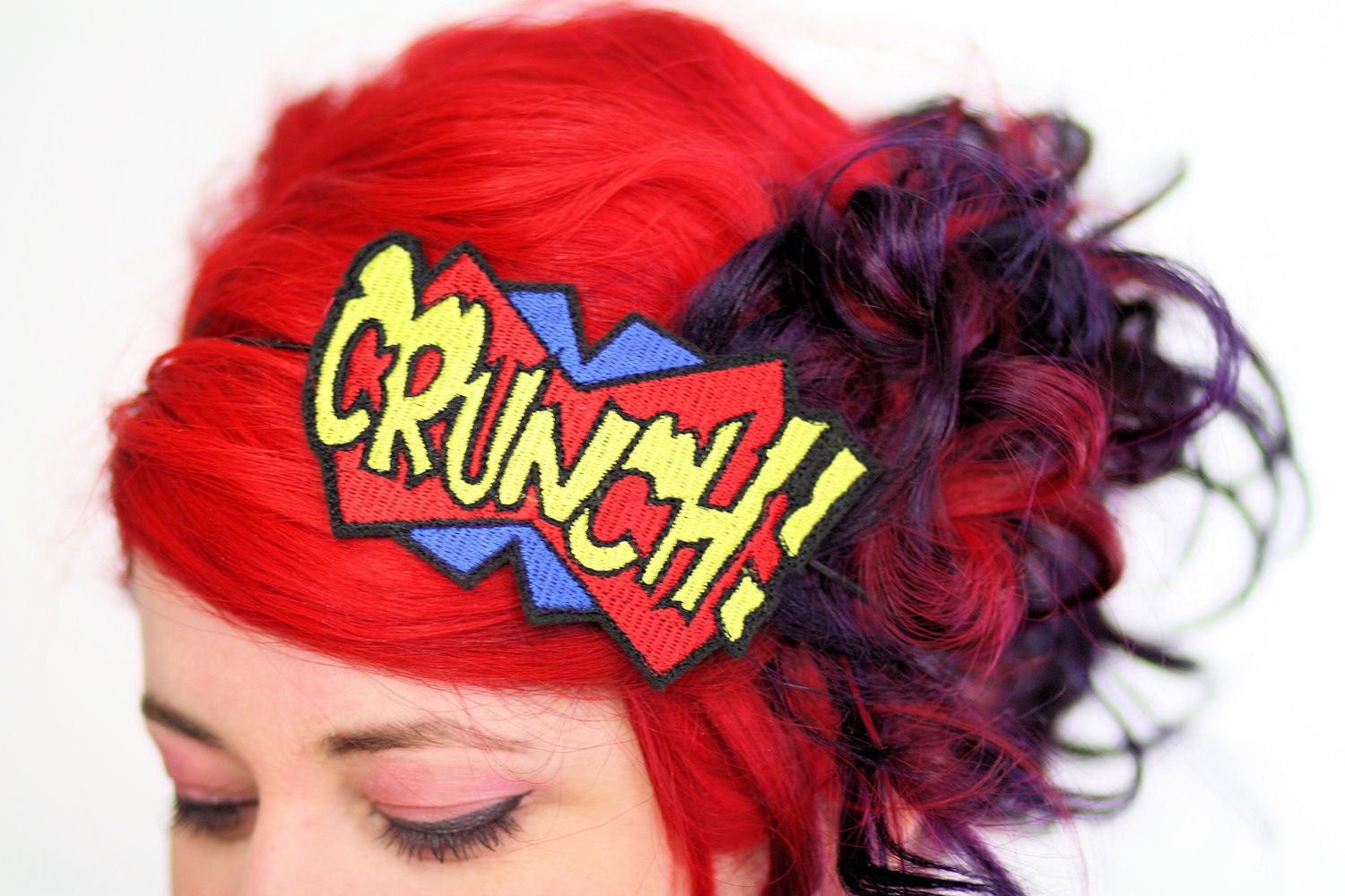 Crunch comic headband Blue, Red and Yellow embroidered
