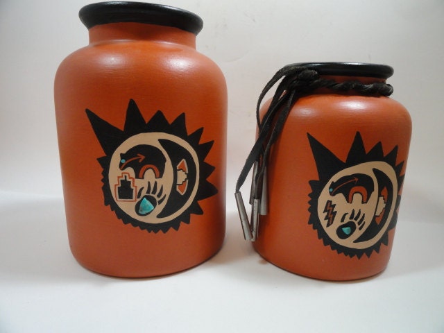 Vintage Native American Vases with Hand Painted Symbols Artist Signed - MemoriesofYesterday