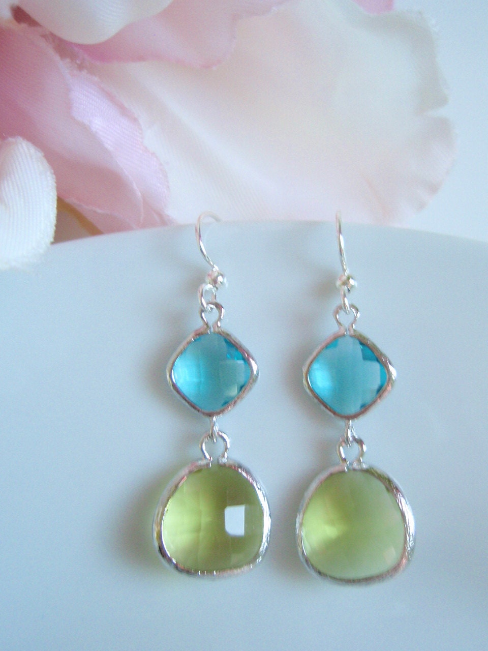 White Gold Framed - Double Drop - Sea Green and Apple Green Czech Glass Earrings