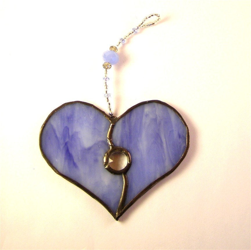 Stained Glass Heart Suncatcher Blue Purple with Clear Gem and Beaded Strand