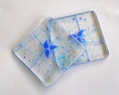 Fused Glass Coasters, Set of 2, Clear Glass with Periwinkle Blue Design and Confetti Blue Glass