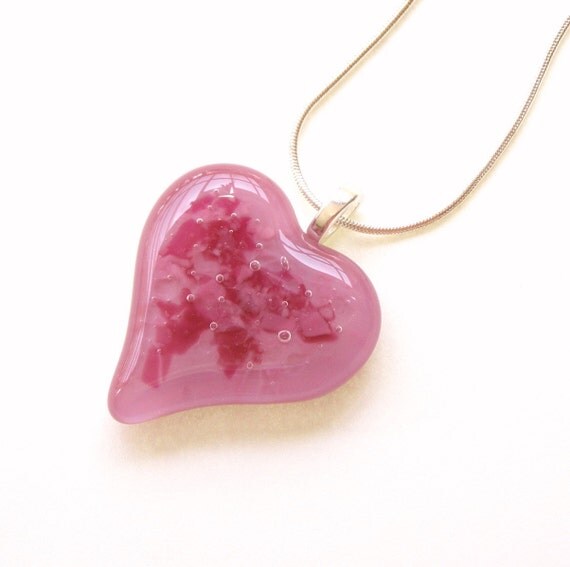 Pink Fused Glass Heart Pendant Necklace - Fused Glass Jewelry