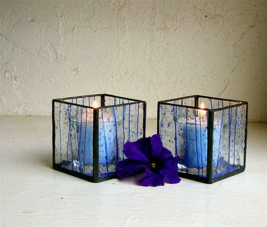 Stained Glass Votive Candle Holders - Pair - Blue Confetti Stained Glass